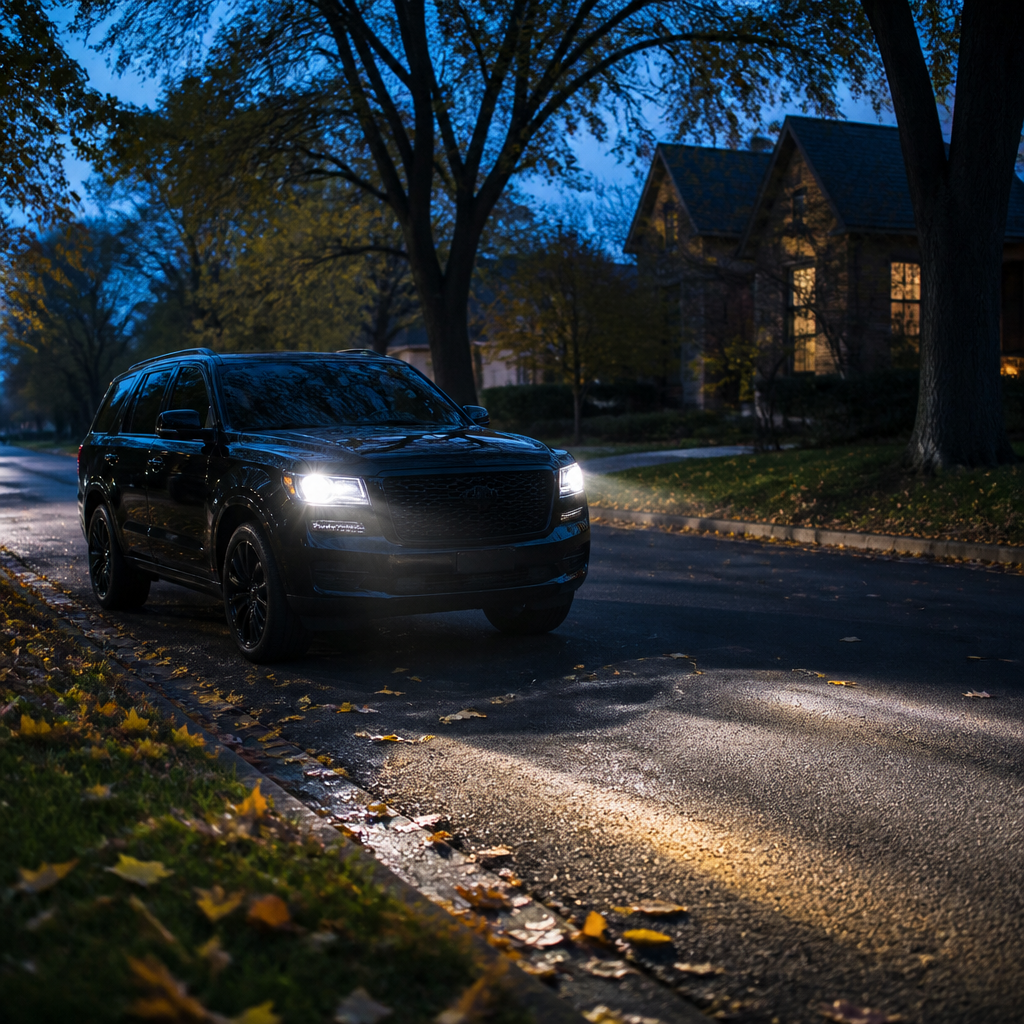 Luxury SUV with clear, bright headlights driving on a tree-lined Illinois suburban street at dusk in autumn.