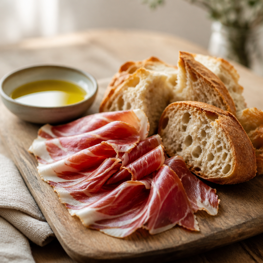 Lonchas de jamón ibérico junto a trozos de pan artesanal con corteza dorada sobre una tabla de madera.