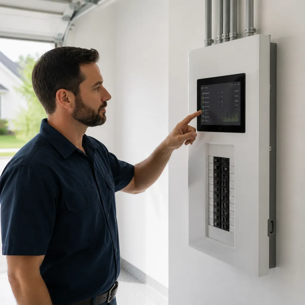 A SPAN smart electrical panel on a garage wall with its display showing circuit data beside an electrician.