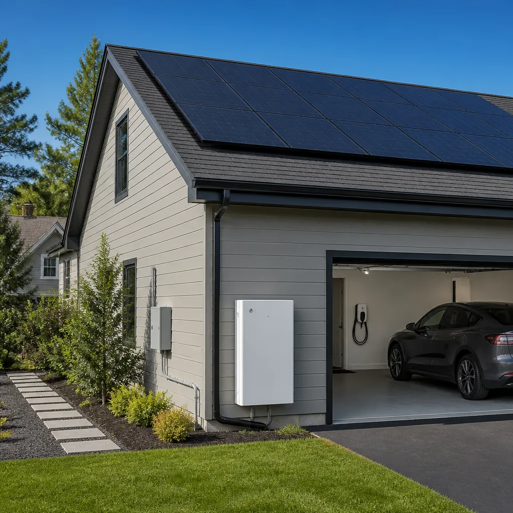 Rooftop solar panels with a home battery unit and an EV charger, showing connected home energy equipment.