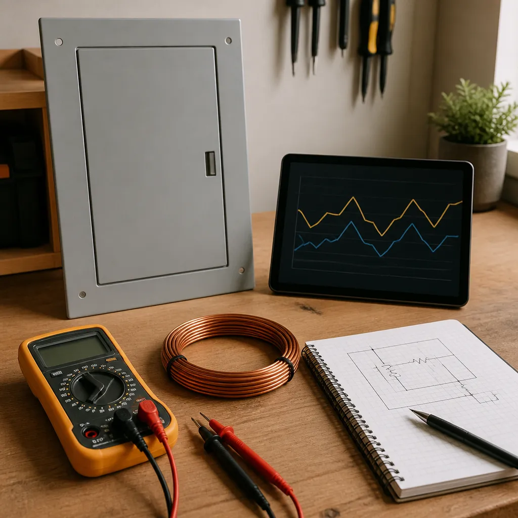 Workbench with a multimeter, wiring, and a tablet showing energy usage graphs for a smart panel review.