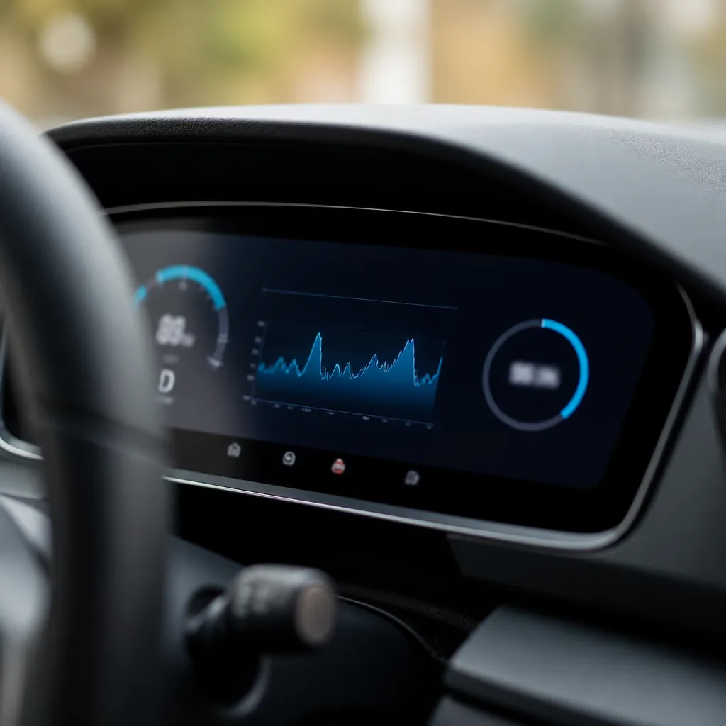 Panel digital de un coche eléctrico con gráfico de consumo y estimación de autonomía restante