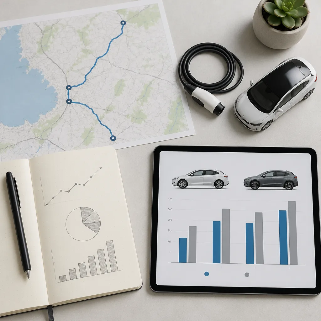 Mesa con mapa de ruta, cable de carga y gráficos para comparar el consumo de dos vehículos eléctricos