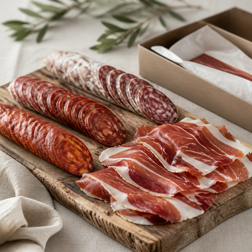Tabla de madera con embutidos ibéricos en lonchas y jamón ibérico de bellota con vetas de grasa.