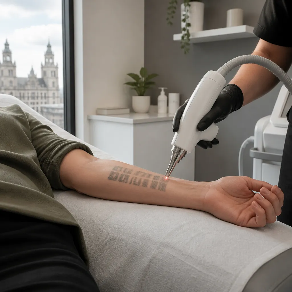 Forearm with faded black lettering being treated by a laser device in a bright Liverpool tattoo removal clinic room