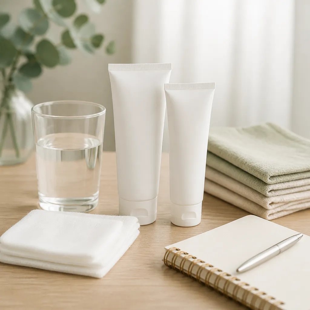 Plain aftercare supplies and gauze laid out on a wooden table ahead of laser tattoo removal sessions