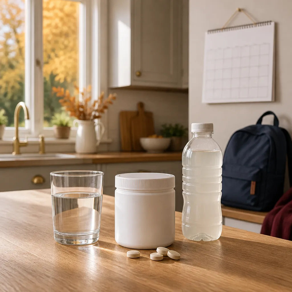 Plain supplement tub and water glass on a kitchen counter during a UK half term morning routine