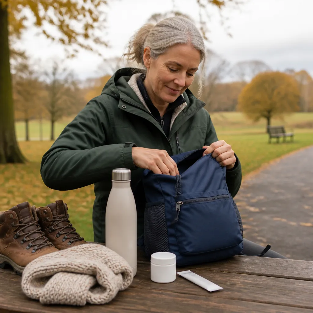 Day bag packed with a water bottle and plain supplement container for a UK autumn outing