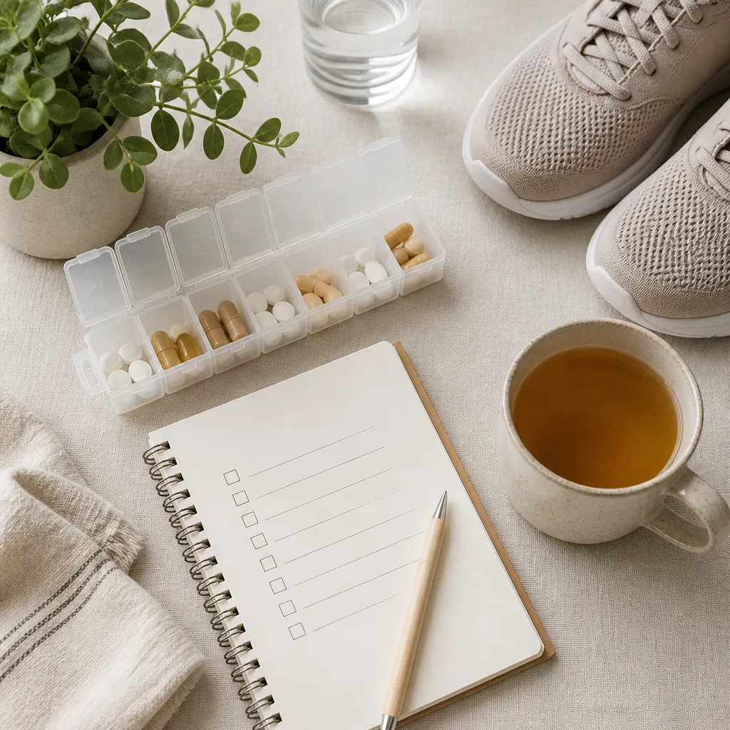 Weekly pill organiser and notebook laid out beside tea and trainers to plan a steady routine