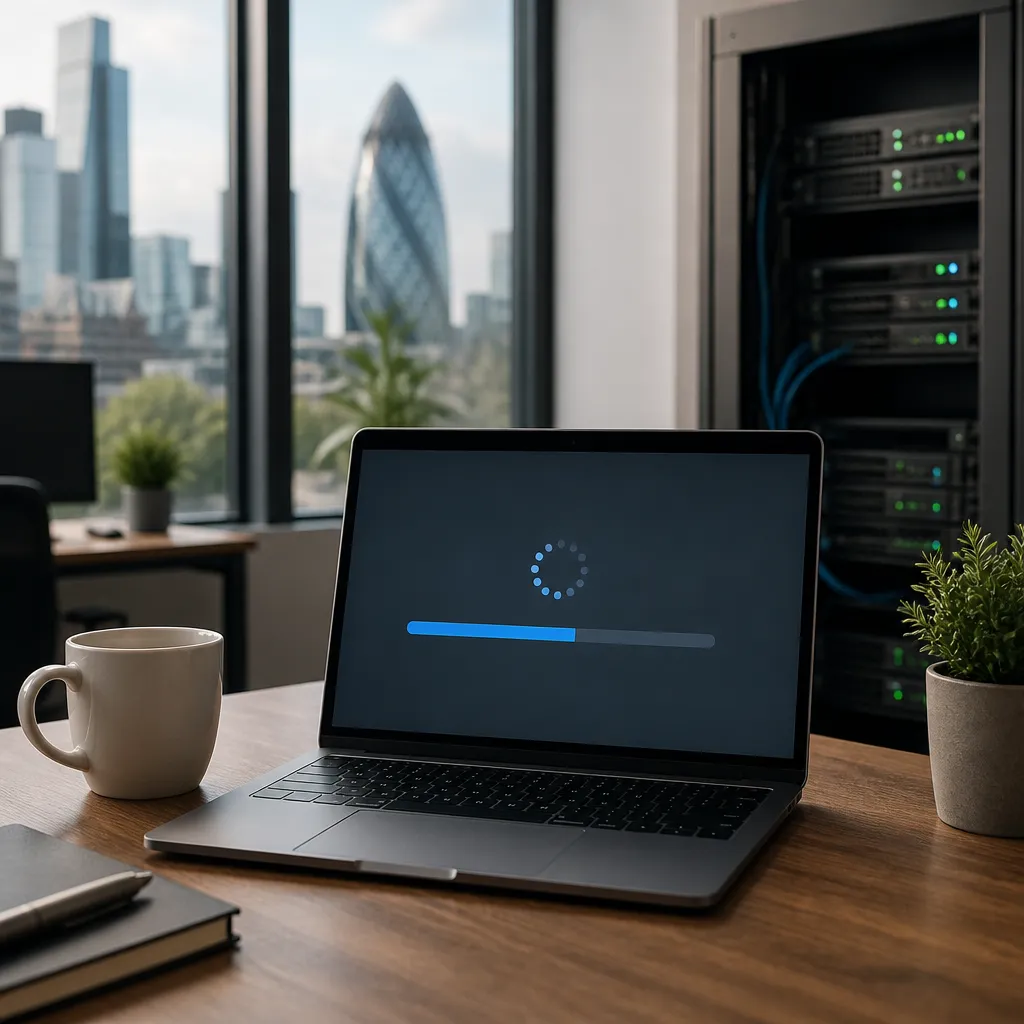Laptop showing a software update progress screen in a London small business office, illustrating patch management for SMEs.