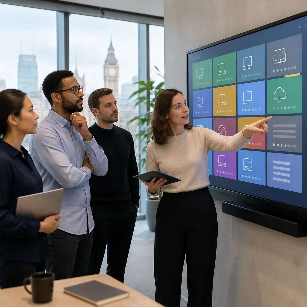 Team reviewing a wall dashboard of device update status in a bright London office, showing a proactive patching routine.