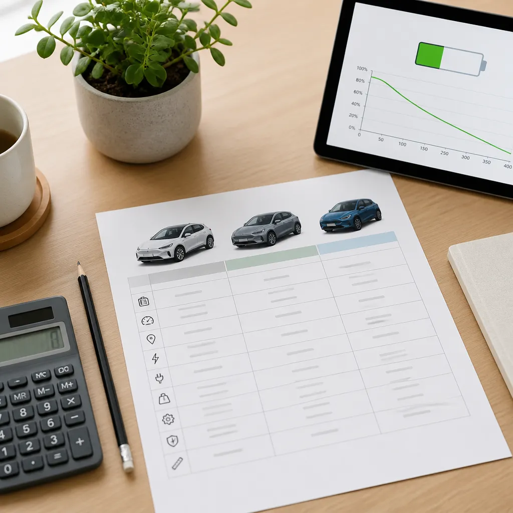 Schreibtisch mit Datenblättern und Taschenrechner zur Bewertung von Elektroauto-Betriebskosten
