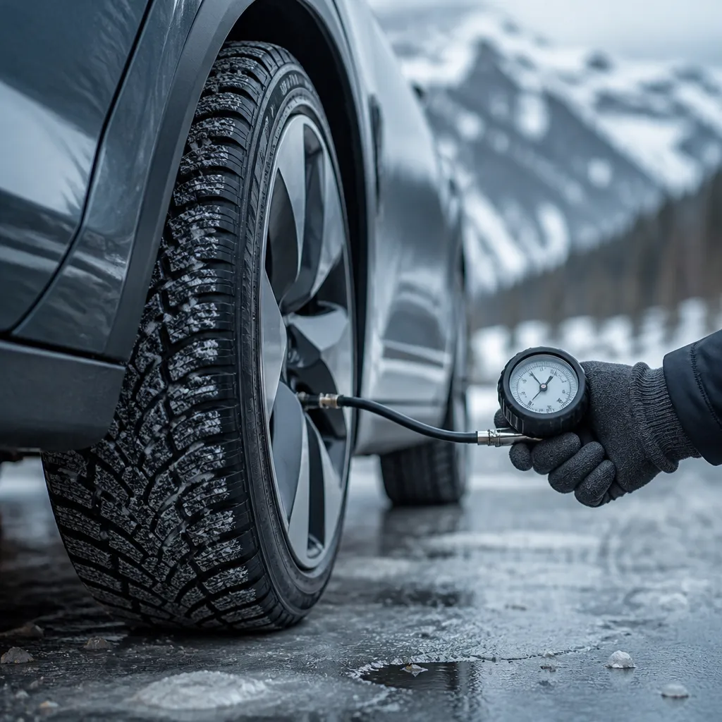 Close-up of an EV tyre with a pressure gauge on a cold, wet road, checking traction for winter driving.