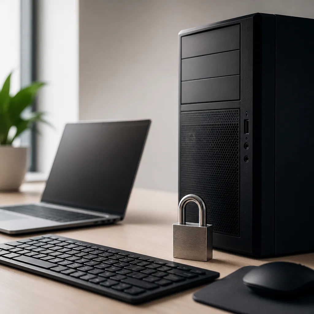 Desk with a laptop, keyboard and a padlock beside it, representing vulnerability management for a small business.