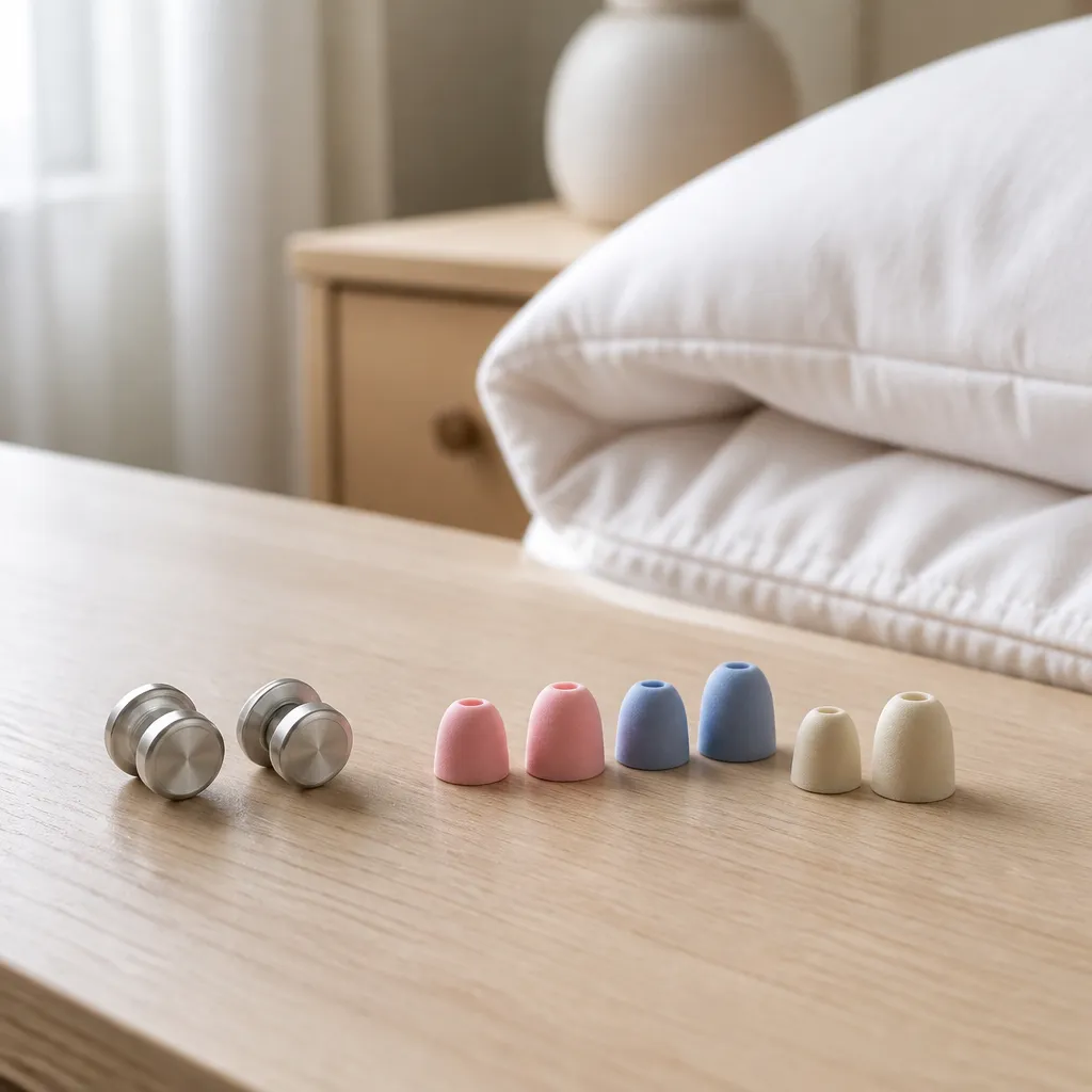 Small metal-bodied reusable ear plugs with soft foam tips in three sizes resting on a wooden table for children's sleep.