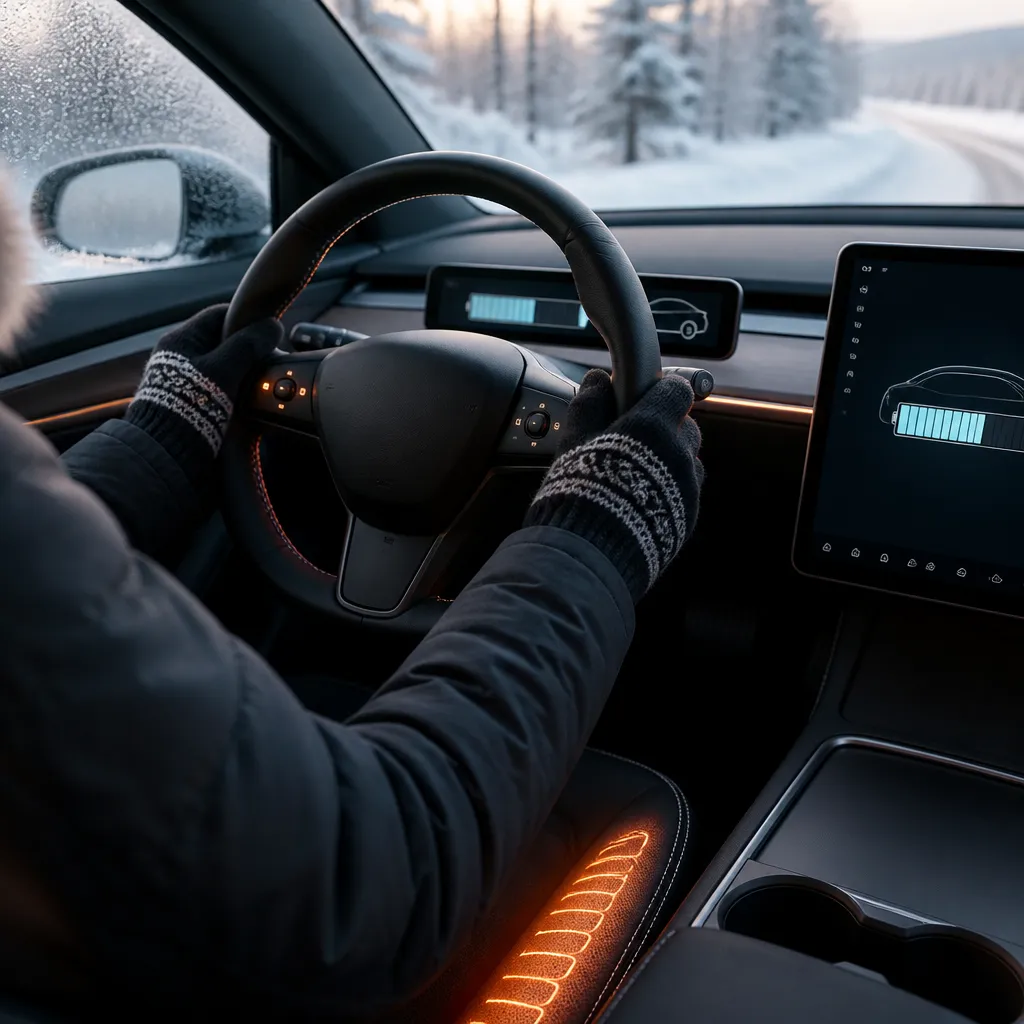 Interior of an electric car with heated steering wheel and seats during a cold winter drive, showing range impact.