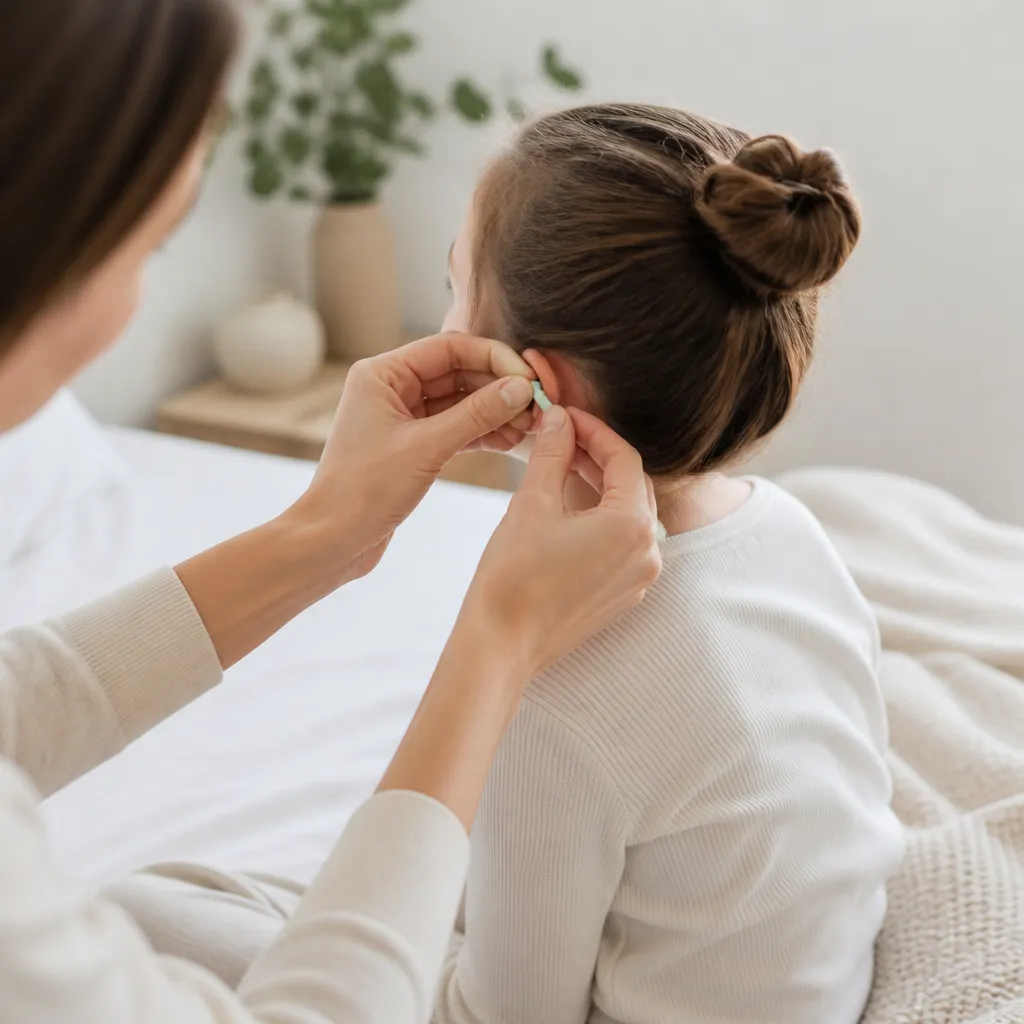 Parent's hands helping a child fit a soft foam ear plug tip before bedtime in a quiet bedroom.