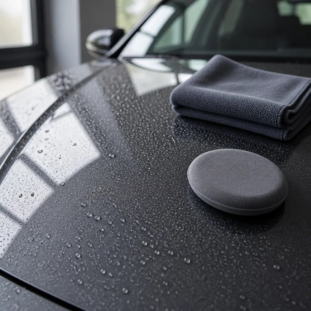 Water beading on a freshly coated car hood, illustrating paint protection for a leased vehicle with ceramic coating.