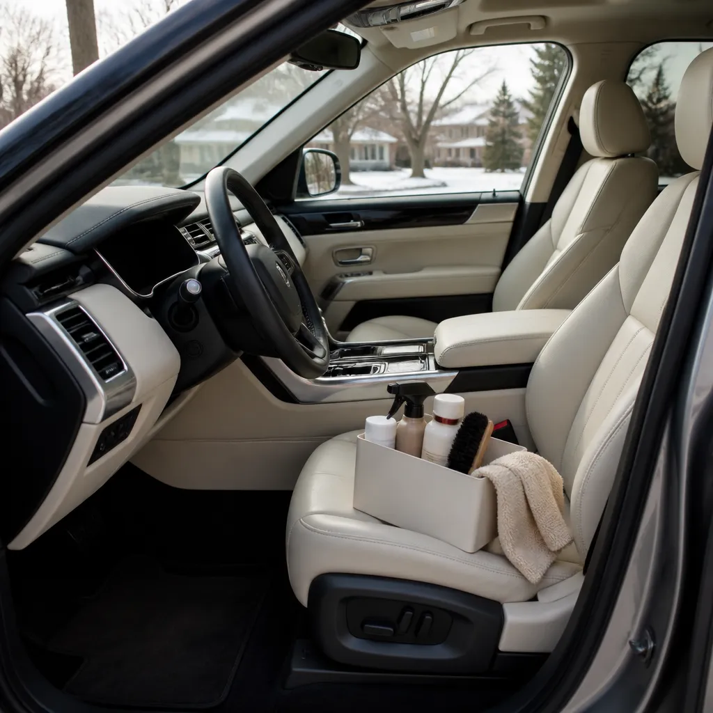 Pristine leather interior of a luxury SUV on a winter day in the Chicago suburbs, showing lease-end interior care.