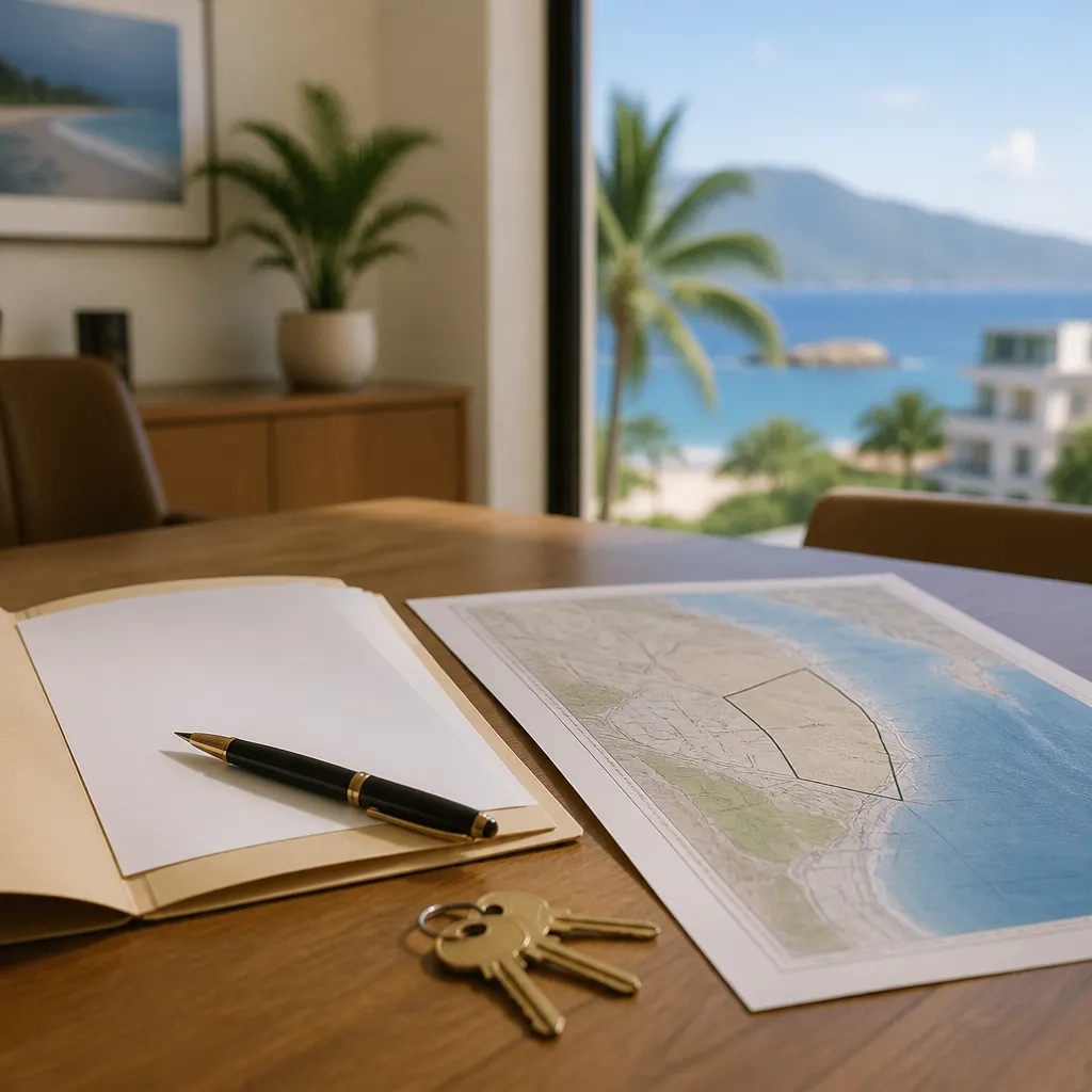 Land survey map and property documents on a desk, illustrating ejido land Mexico foreign buyers should verify before signing.