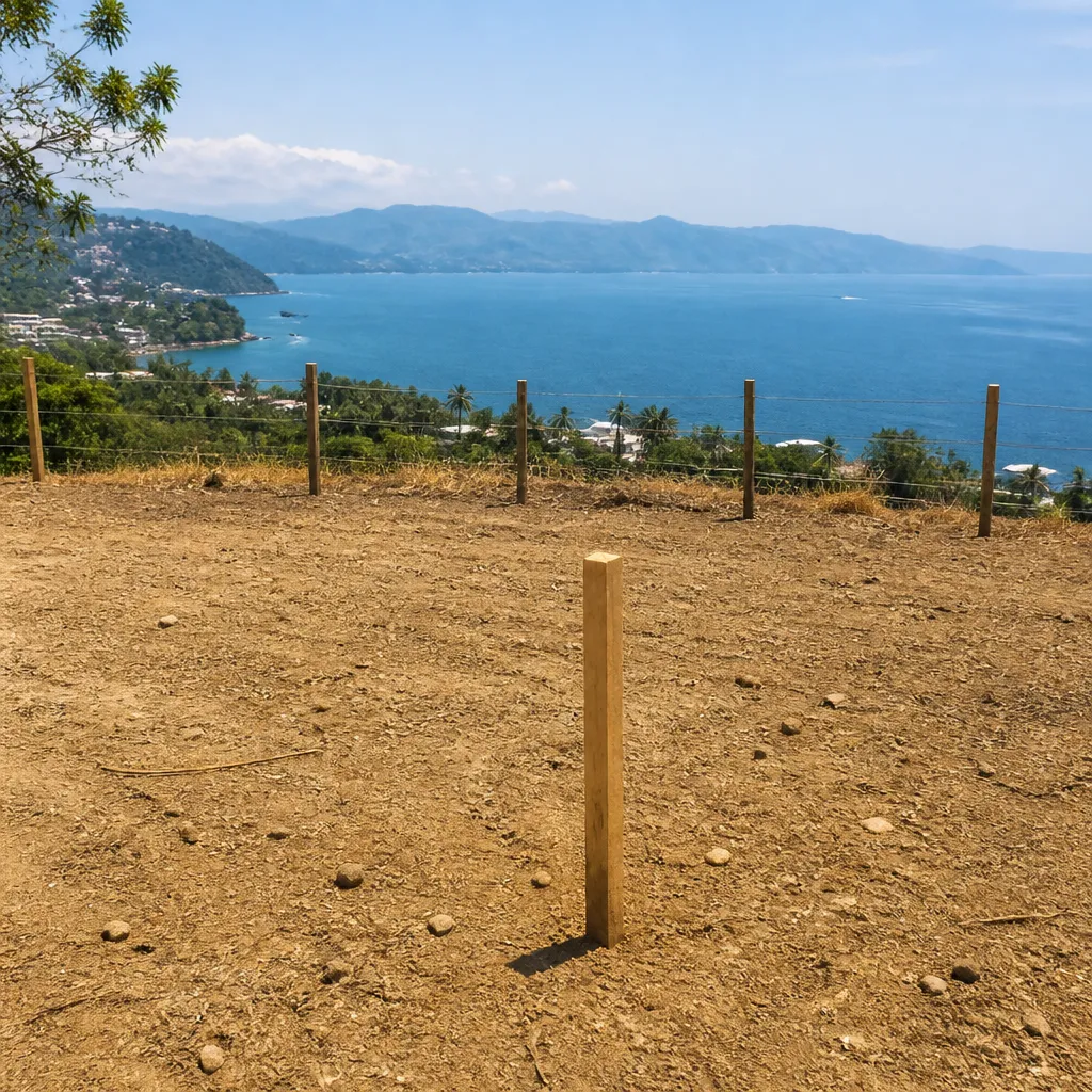 Undeveloped coastal lot with a boundary stake near Puerto Vallarta, showing land that needs title verification.