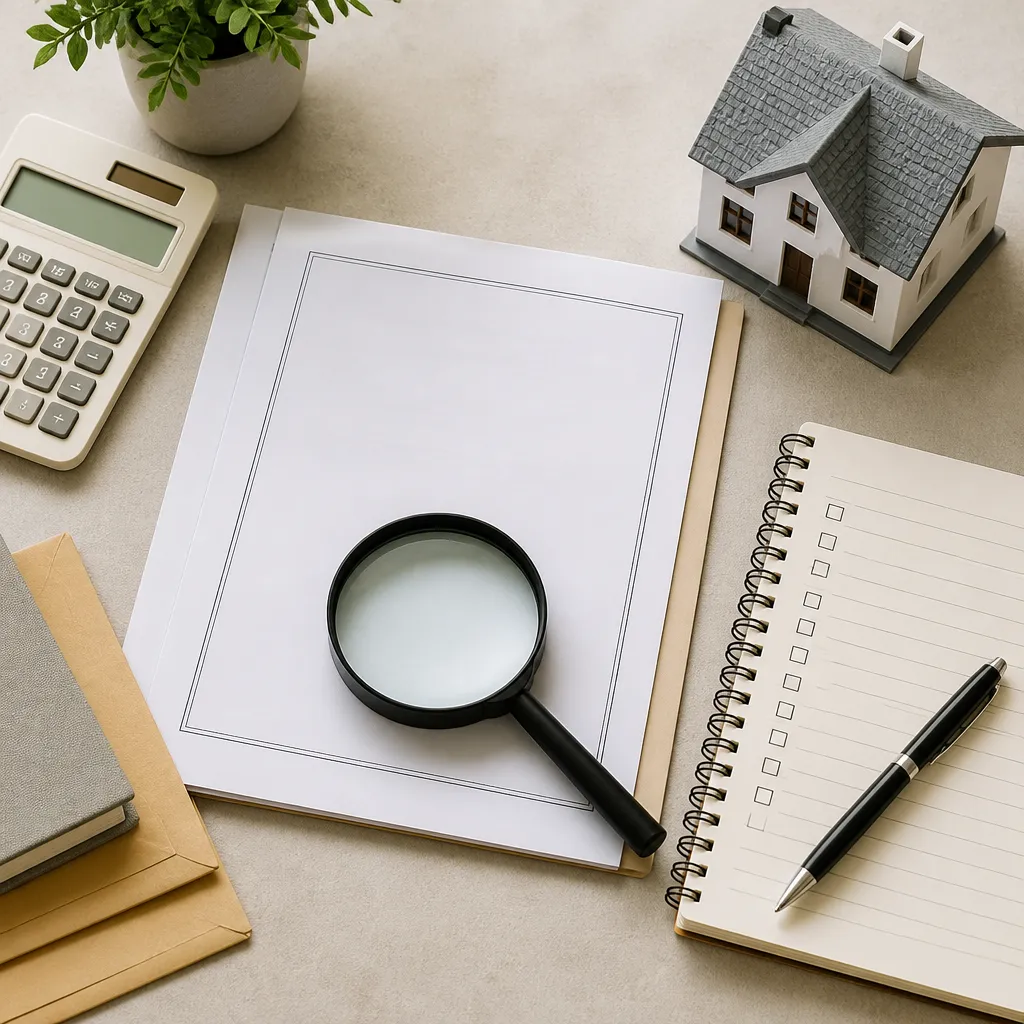 Magnifying glass over a blank property document with a checklist, representing Mexican land title due diligence steps.