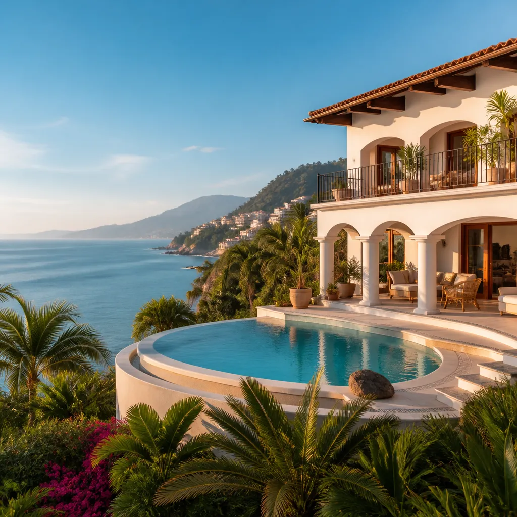 Luxury oceanfront villa with terracotta roof overlooking Banderas Bay during Puerto Vallarta real estate season