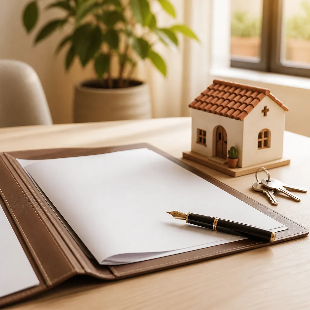 Desk with house keys, pen and property contract papers for a Mexican real estate purchase