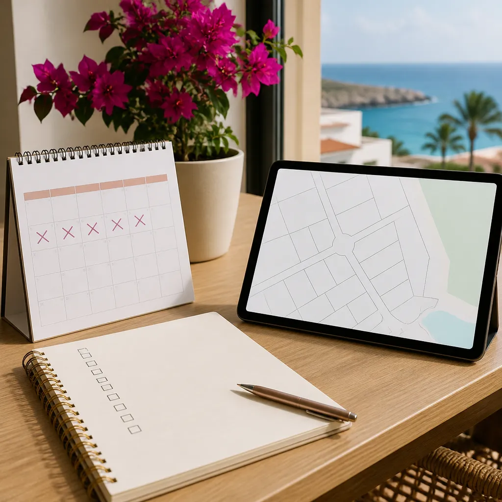 Planning desk with calendar, blank property checklist and bougainvillea for a November home search