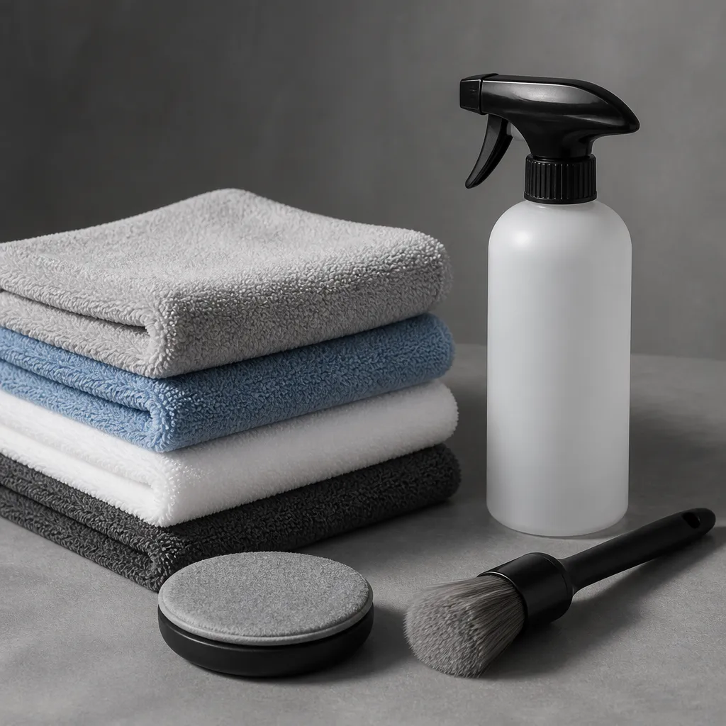 Microfiber towels and plain detailing tools laid out for professional interior glass detailing.