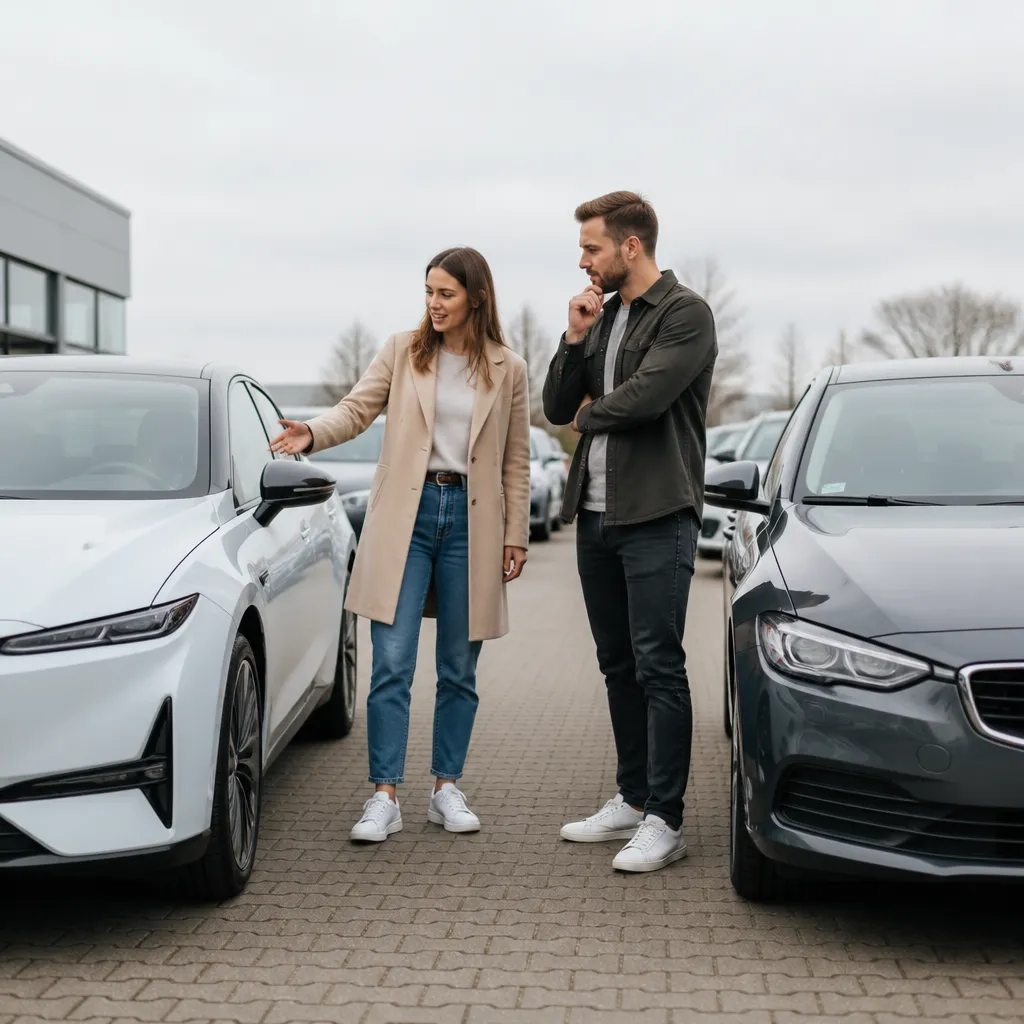 Gebrauchtes Elektroauto neben einem Verbrenner auf einem Gebrauchtwagenhof zum Restwert-Vergleich