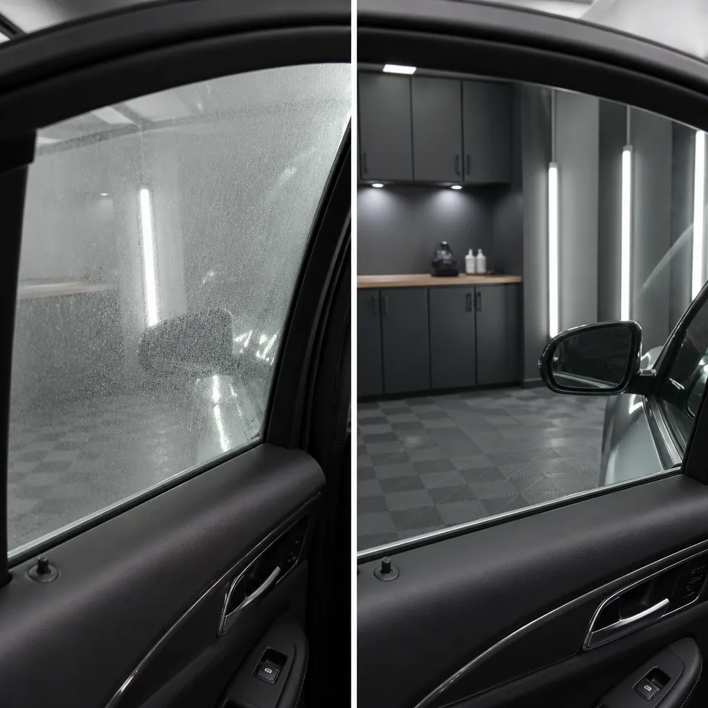 Split view of a car side window before and after window haze removal showing clear glass.