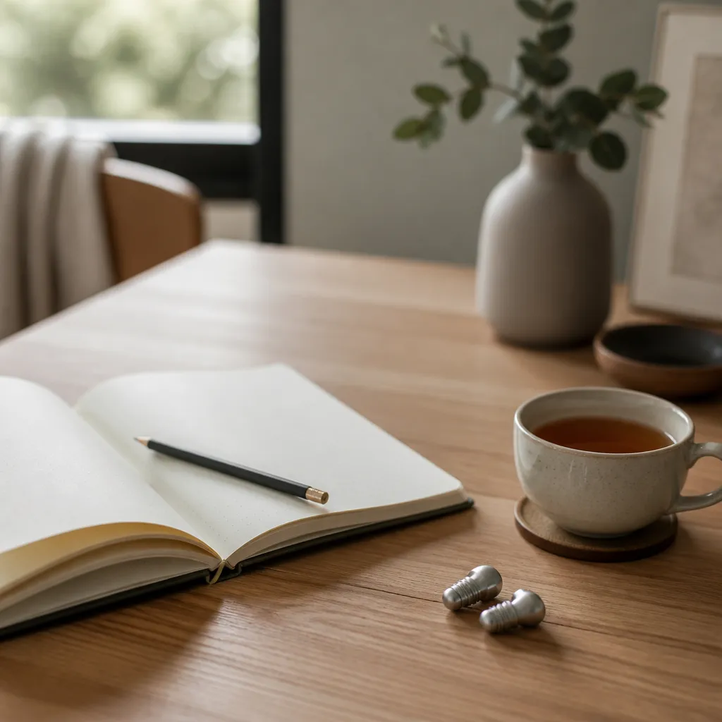 Reusable metal ear plugs beside an open notebook on a desk, illustrating silence and creativity in a quiet workspace.