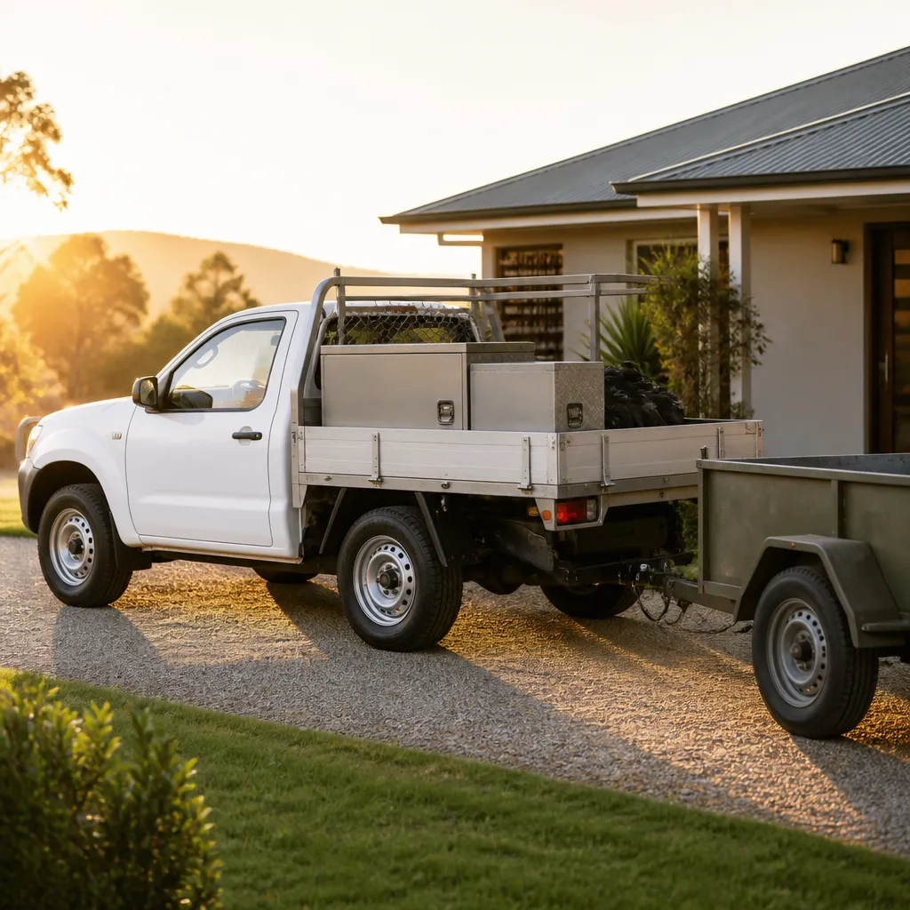 White work ute with tool boxes and a trailer parked on a driveway, illustrating a ute loan Australia buyers can arrange.