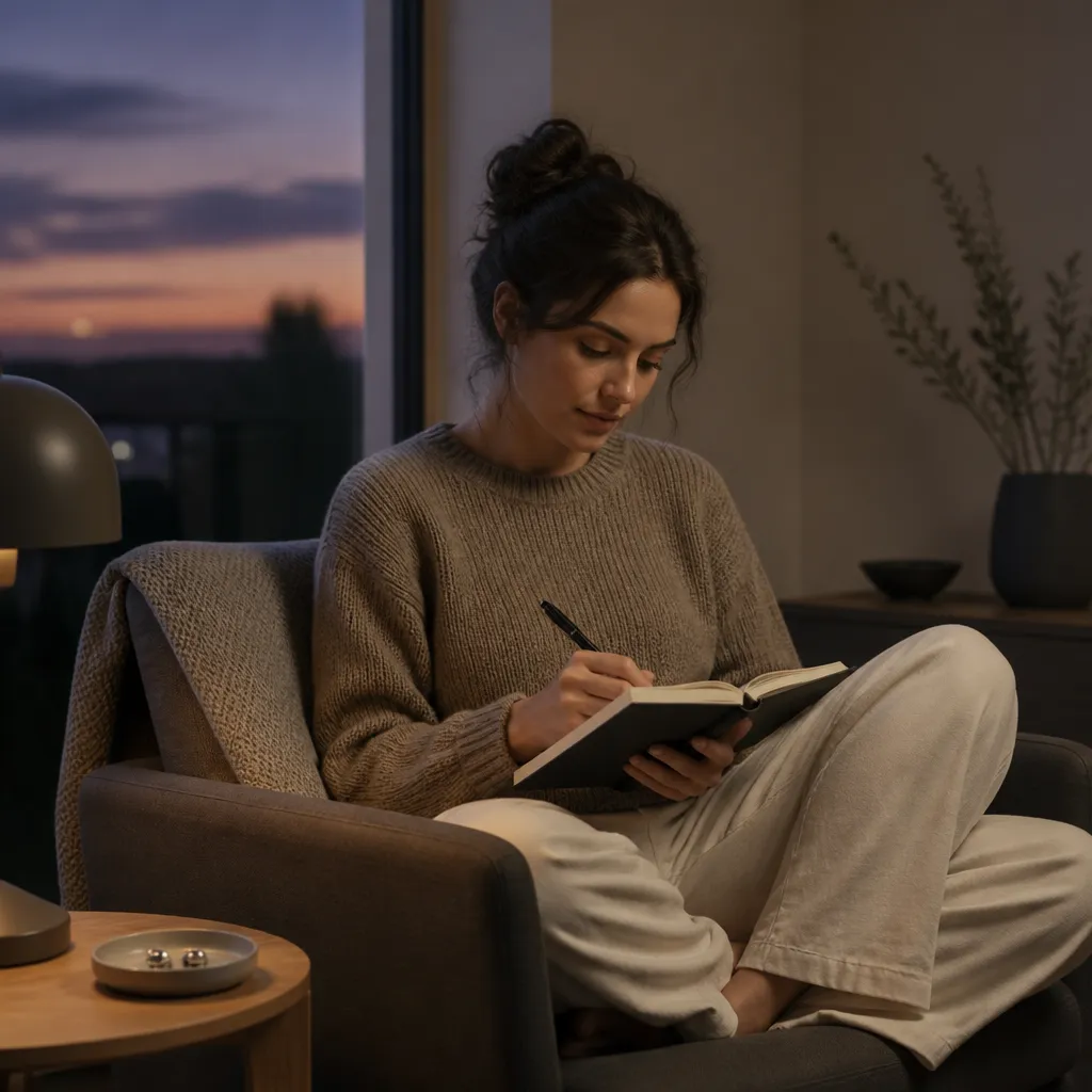 Person writing quietly in a calm room with a dish of reusable ear plugs nearby, showing focused deep work.