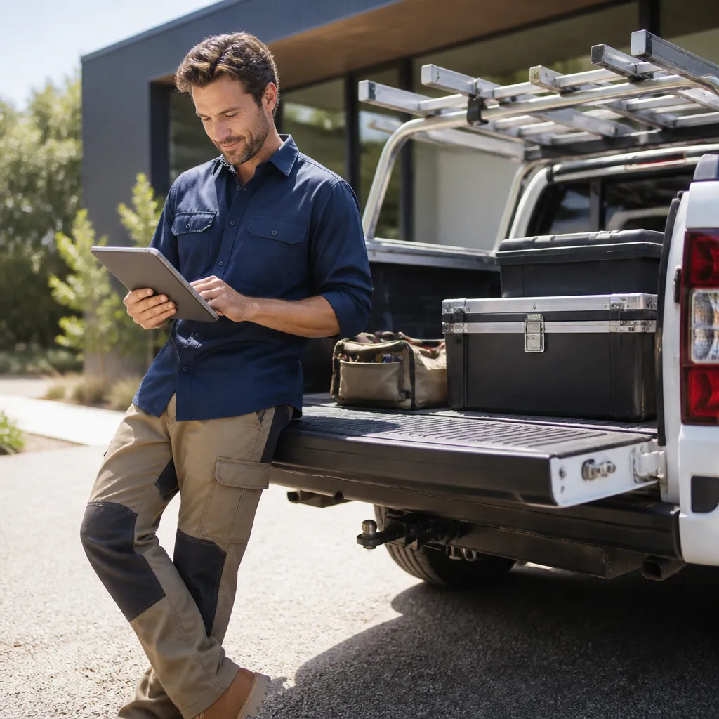 Tradesperson reviewing a work vehicle loan quote on a tablet beside a loaded ute tailgate.