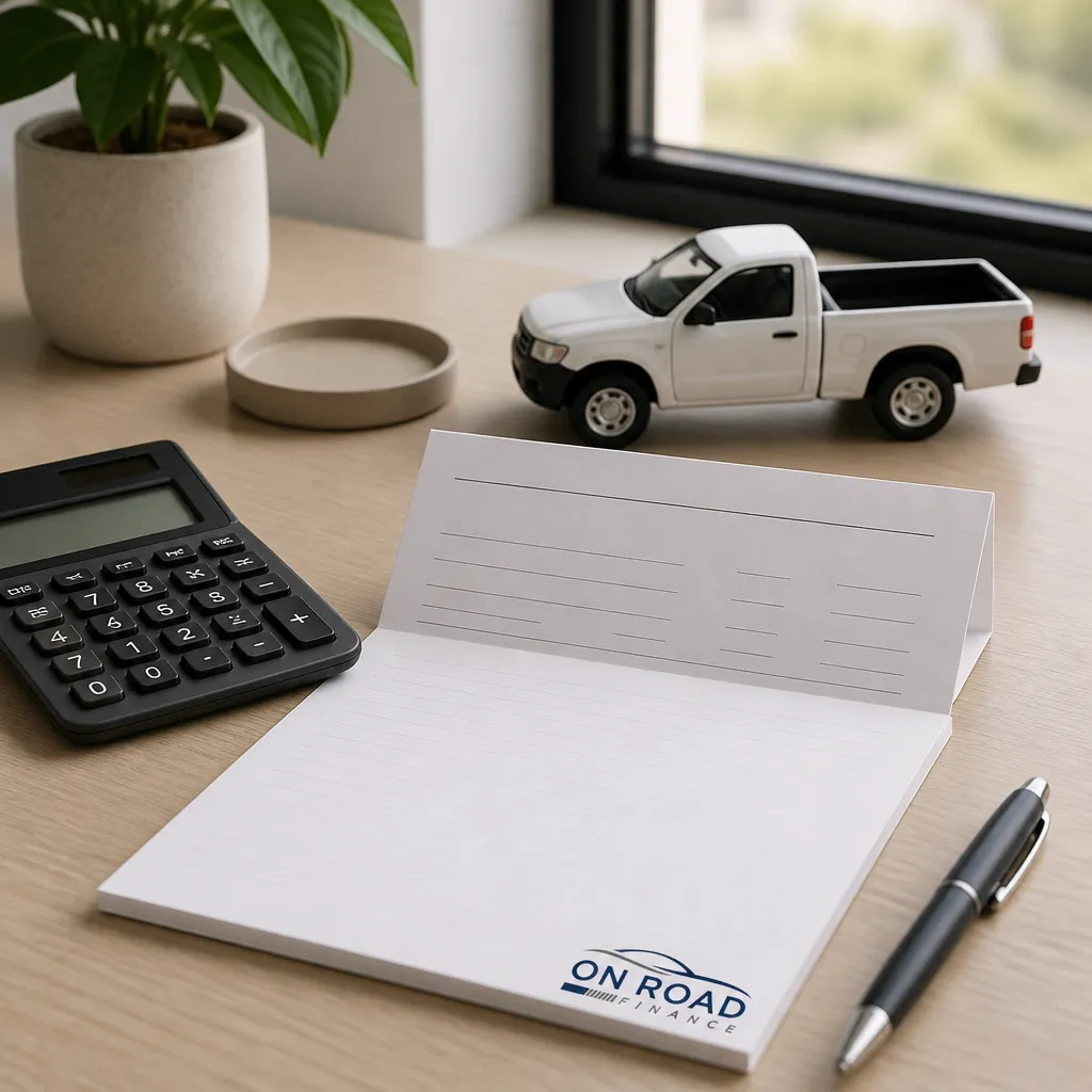 Desk with calculator, pen and a loan summary beside a model ute, showing vehicle finance planning.