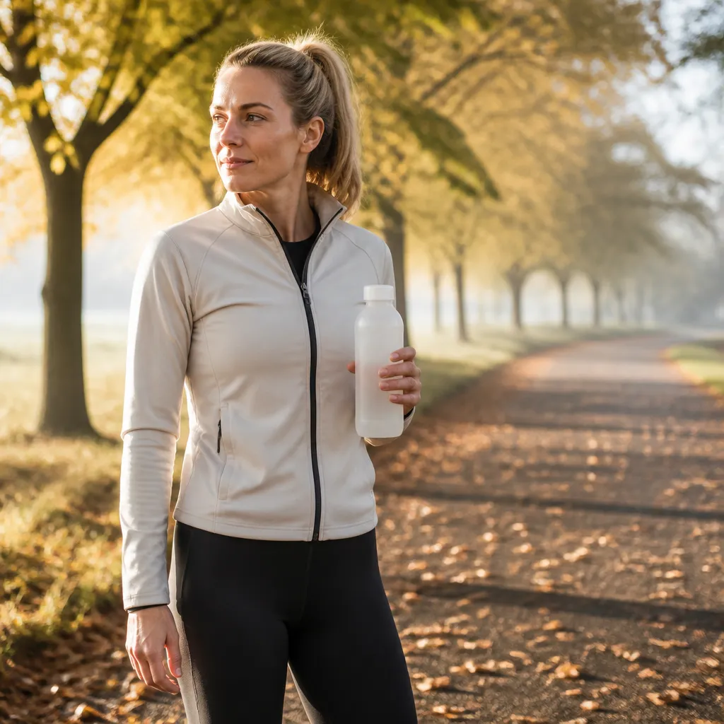 Active UK adult pausing on an autumn park path holding a plain bottle of electrolyte drink in morning light