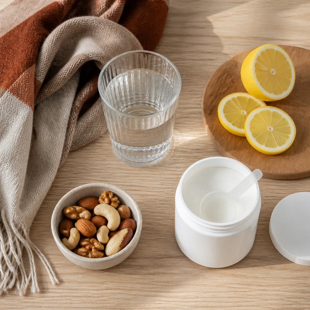 Flat-lay of water, lemon slices, nuts and a scoop of electrolyte powder on a wooden table
