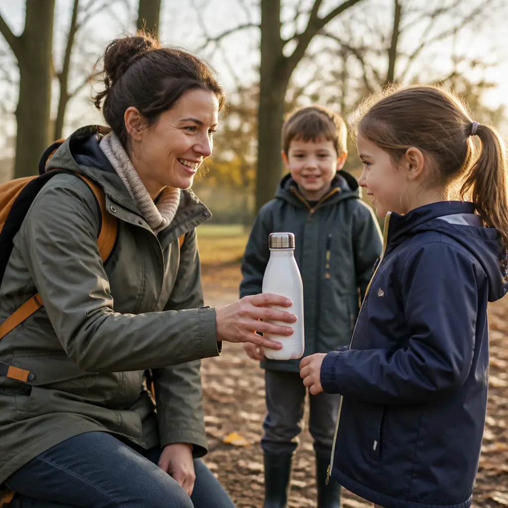 Parent and children at an autumn park during half-term, with a reusable water bottle and fallen leaves