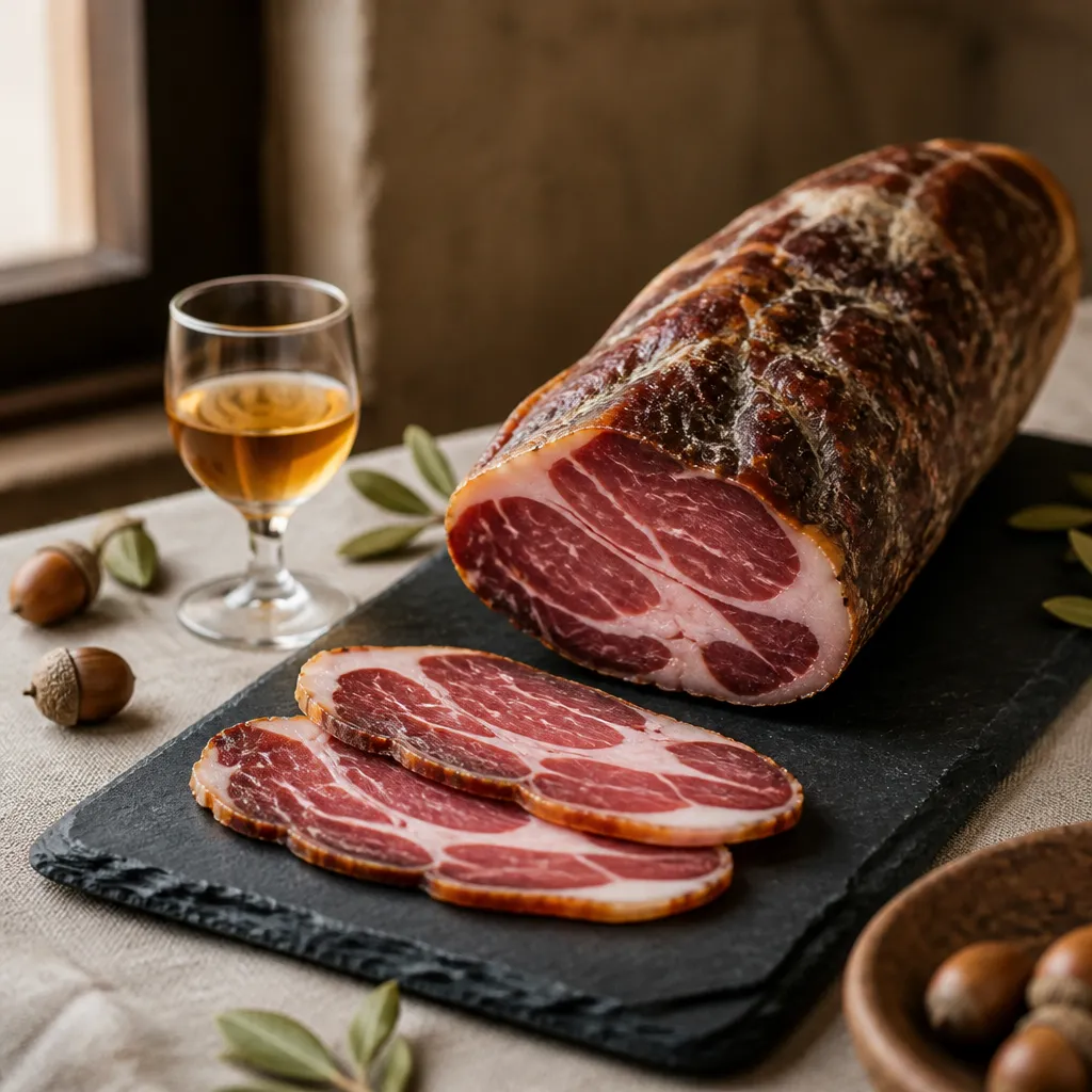 Lomo ibérico de bellota con veteado de grasa infiltrada sobre pizarra oscura, junto a bellotas y una copa de fino.