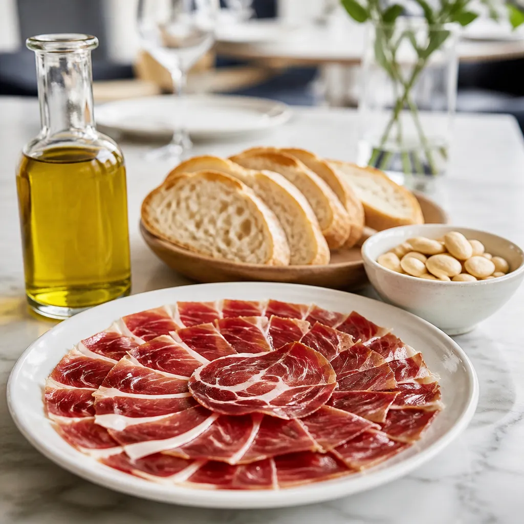 Plato gourmet de lonchas de lomo ibérico con aceite de oliva virgen extra y pan tostado.