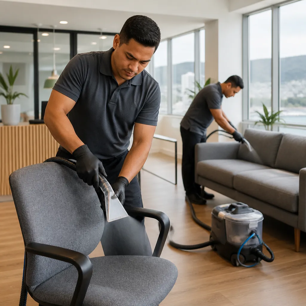 Cleaner using a portable extraction tool on a grey fabric office chair in a bright commercial upholstery cleaning NZ setting