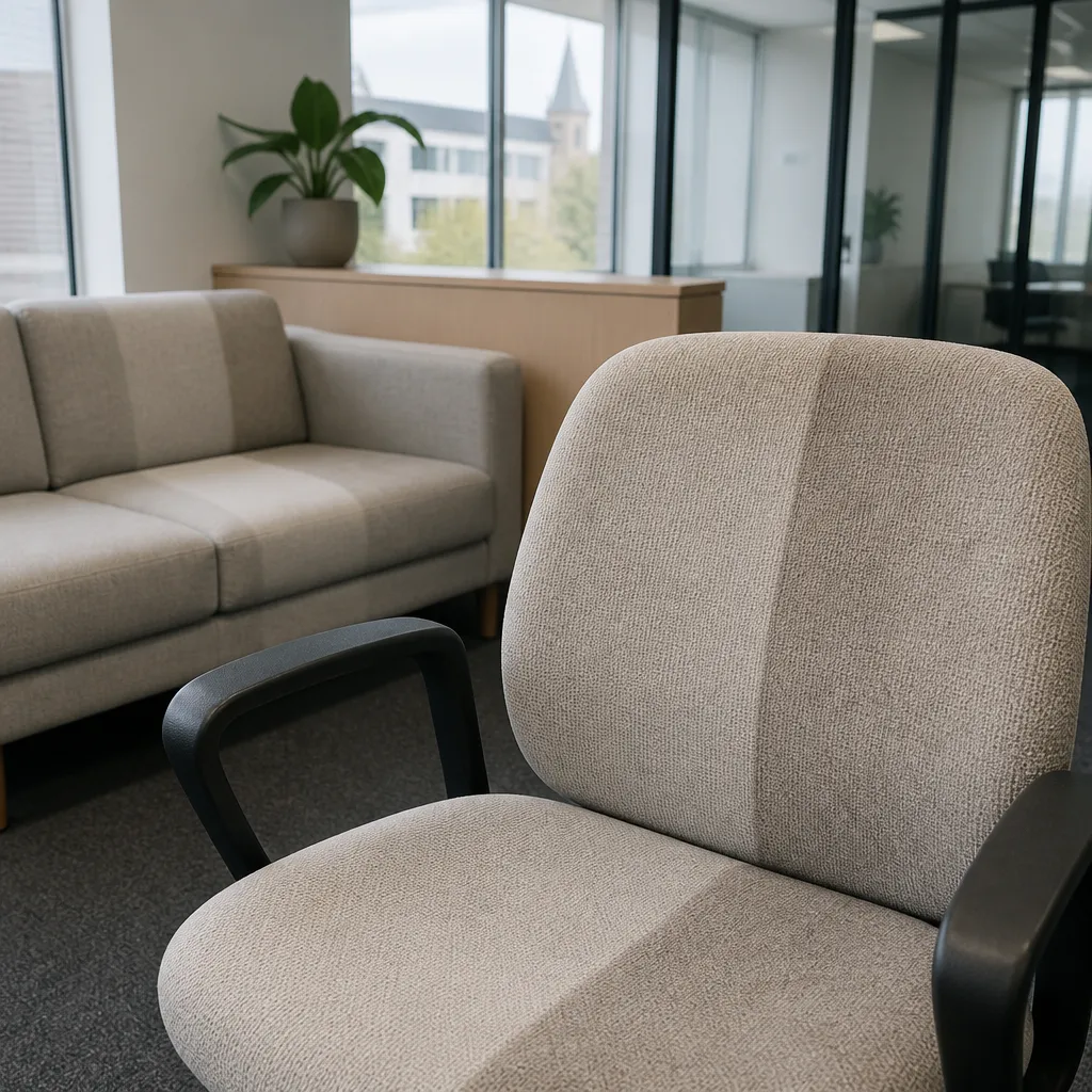 Close-up of a fabric office chair showing the difference between freshly cleaned and dusty upholstery