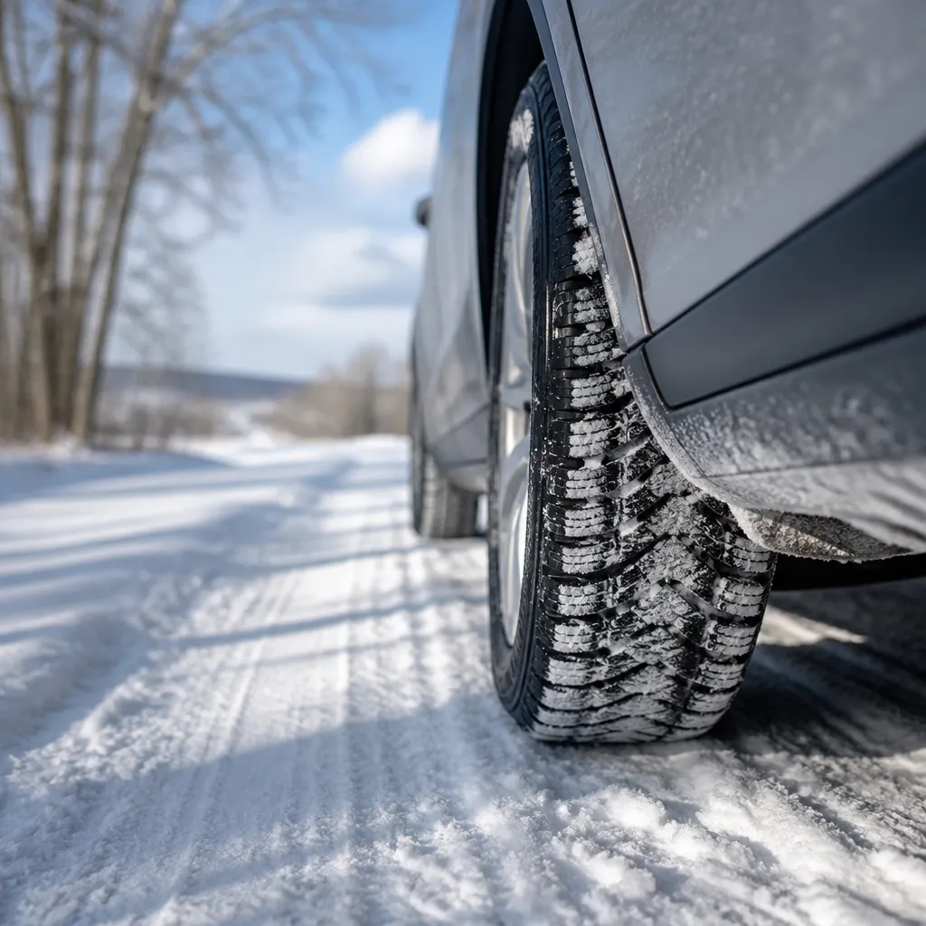 Winter tyres gripping packed snow on an electric car driving a rural European road