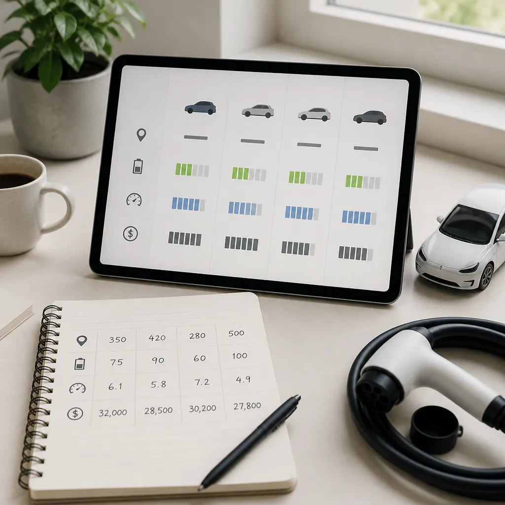 Desk with tablet showing an EV comparison chart, notebook of range and cost figures, and charging cable