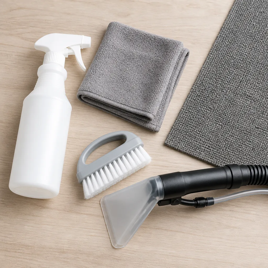 Upholstery cleaning tools and a fabric swatch arranged on a timber table for office furniture hygiene