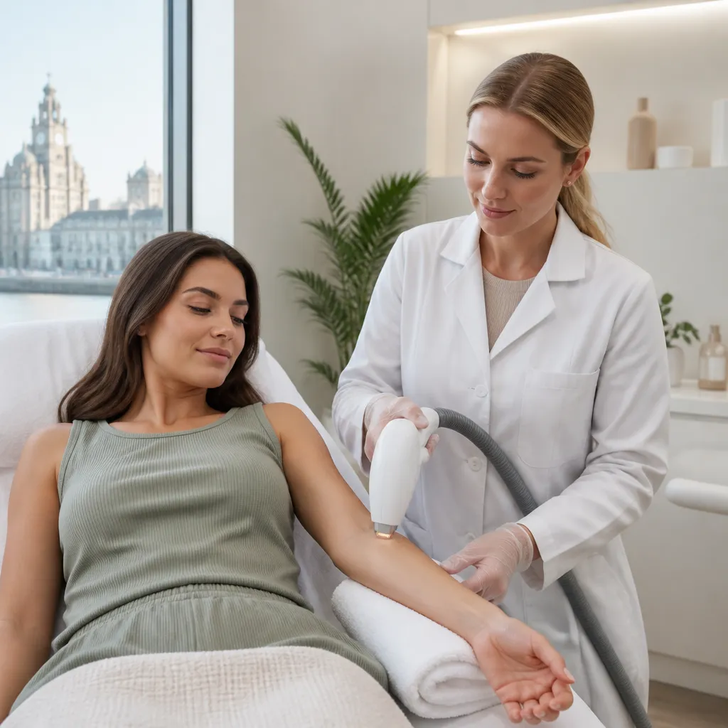 Practitioner using a handheld laser hair removal device on a client's arm in a bright Liverpool treatment room