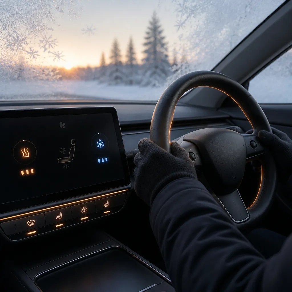 Interior de un coche eléctrico con climatización activa y volante calefactado en un día frío