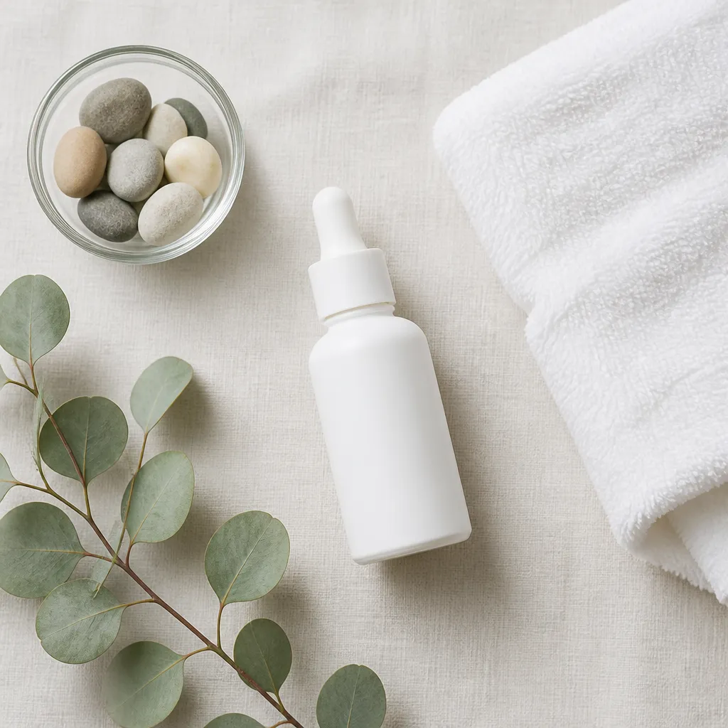 Plain skincare bottle and soft towel arranged on linen, representing gentle care after hair removal treatment